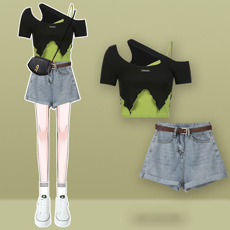 Oblique Colorblock Top Pocketed Pants Cargo Crop