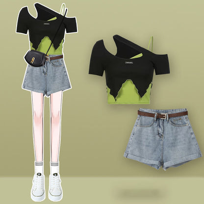 Oblique Colorblock Top Pocketed Pants Cargo Crop