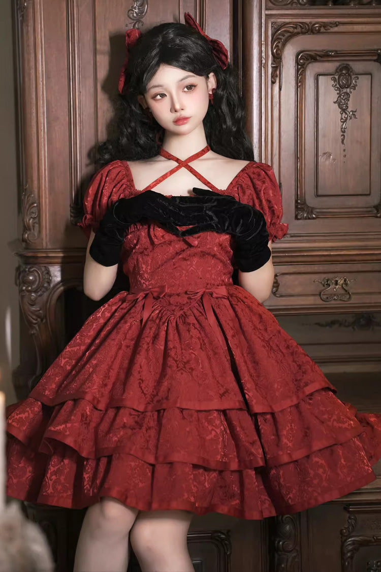 Crimson Thorned Rose Short Sleeve Multi-Layer Ruffle Bow Princess Lolita Dress