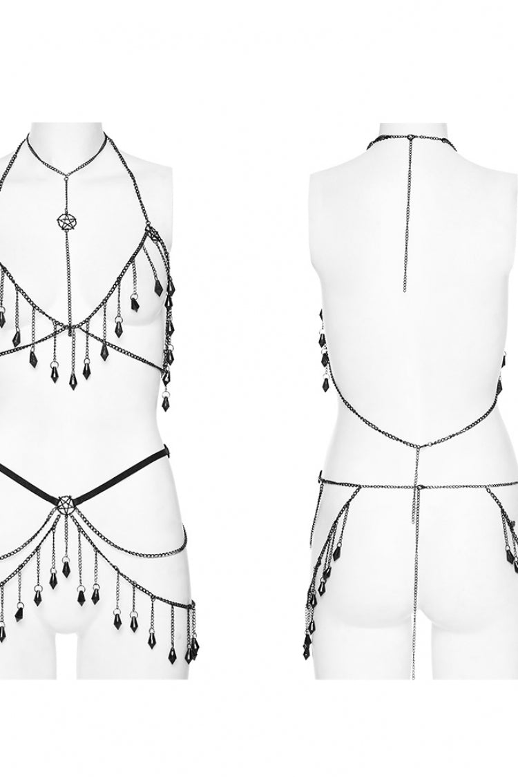 Gothic Body Harness with Crystal Pendant and Tassel Chain for Her
