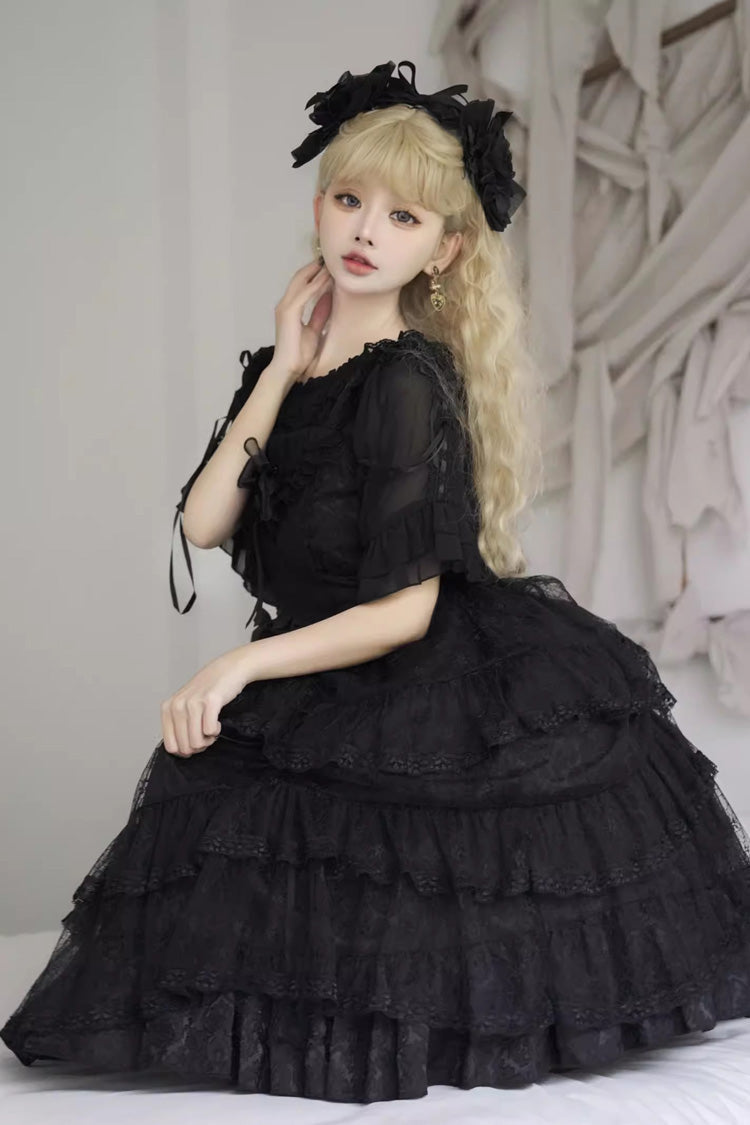 Gothic Princess Lolita JSK Dress with Ruffled Layers and Bow Accents