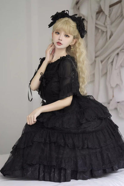 Gothic Princess Lolita JSK Dress with Ruffled Layers and Bow Accents