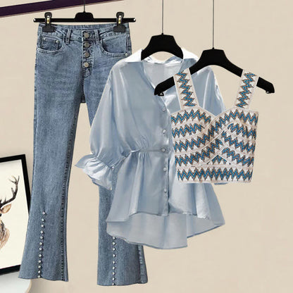 Tank Denim Flared Top Shirt Blue Drawstring Pants