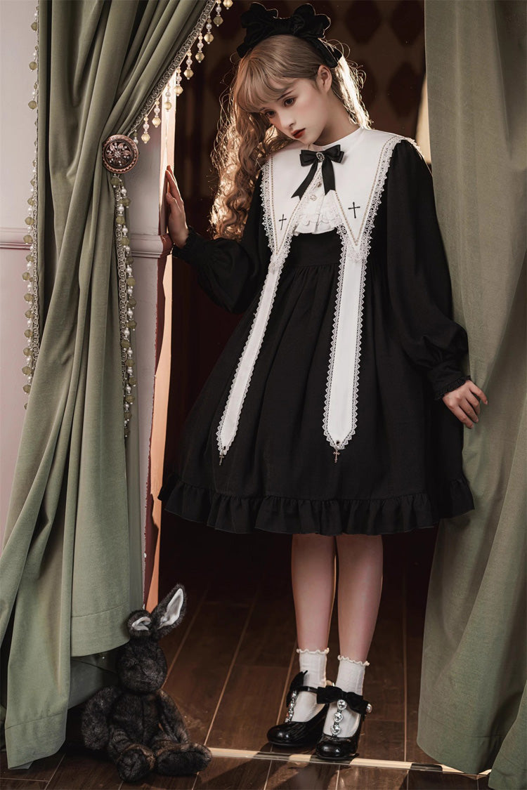 Classic Gothic Elegant Nun Dress with Long Sleeves and Ruffled Bow