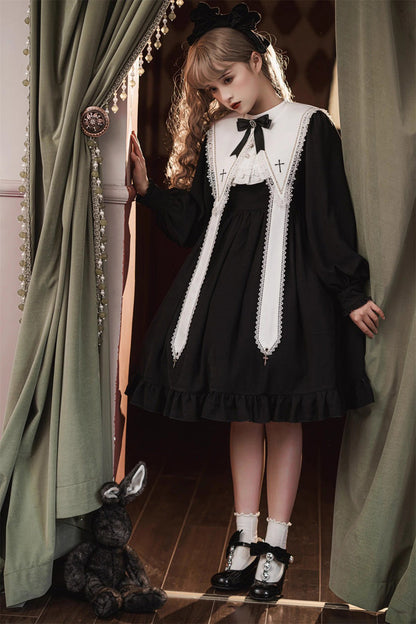 Classic Gothic Elegant Nun Dress with Long Sleeves and Ruffled Bow