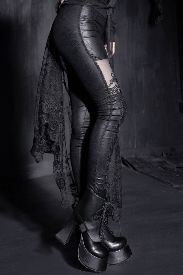Gothic Women's Tight Leggings with Lace-Up Detail and Flocked Texture