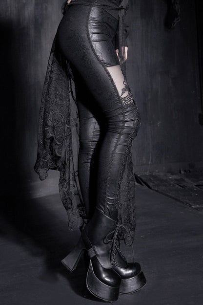 Gothic Women's Tight Leggings with Lace-Up Detail and Flocked Texture