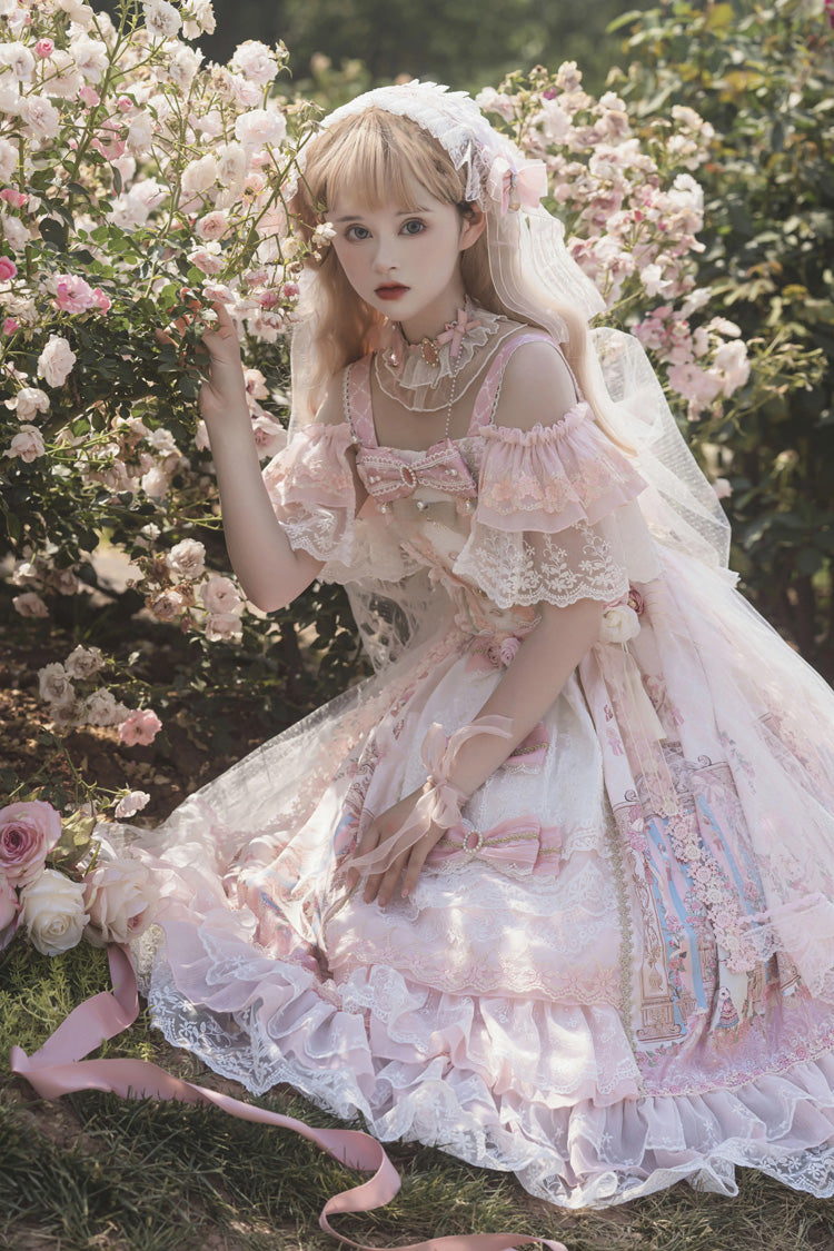 Rose Moonlight Melody Off Shoulder Sleeveless Layered Bride Open Front Bow Lace Gorgeous JSK Set
