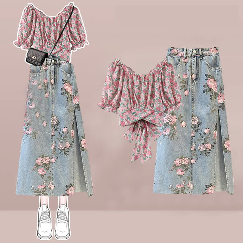 Floral Print Puff Sleeve T-Shirt Split Denim Skirt