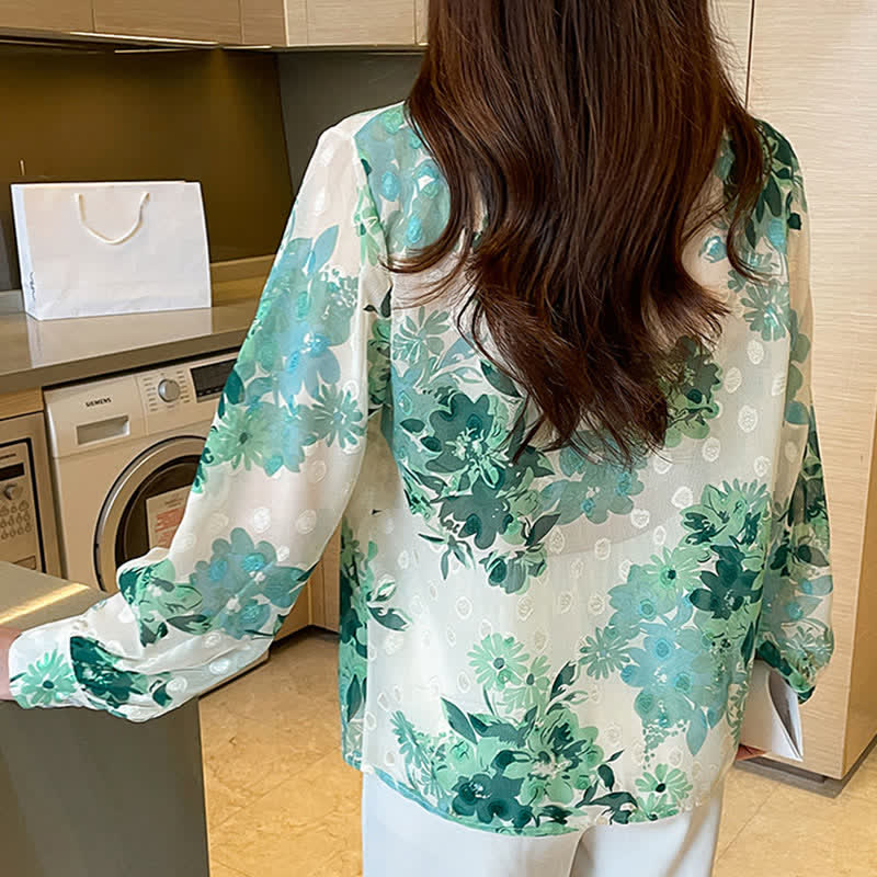 Chemise en mousseline à manches bouffantes et imprimé floral vert