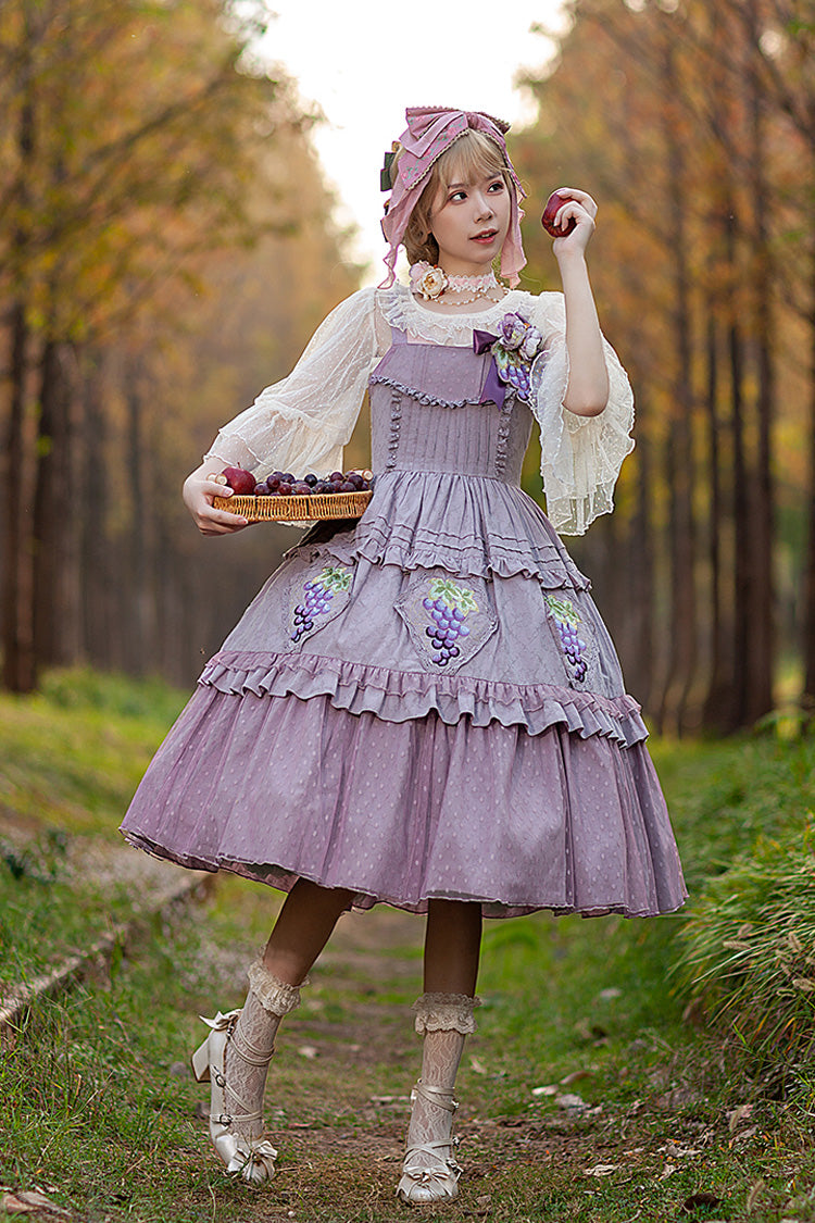 Purple Sleeveless Jacquard Ruffle Embroidery Sweet JSK Dress - Vineyard