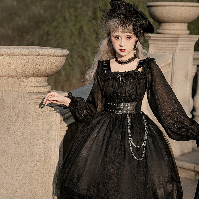 Robe Lolita à manches longues avec ceinture en chaîne noire