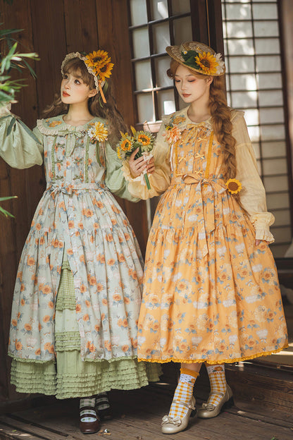 Golden Sleeveless Ruffled Bow Sunflower JSK Elegant Dress