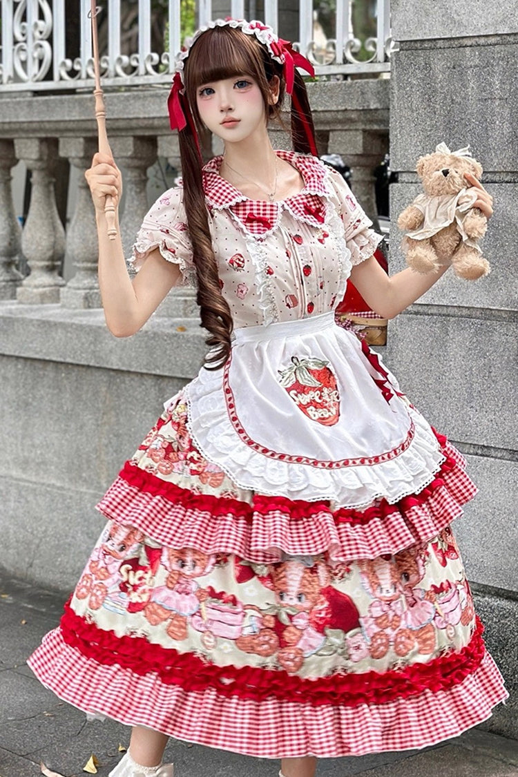 Bear Strawberry Ode Print Short Sleeve Double-Layered Ruffle Bow JSK