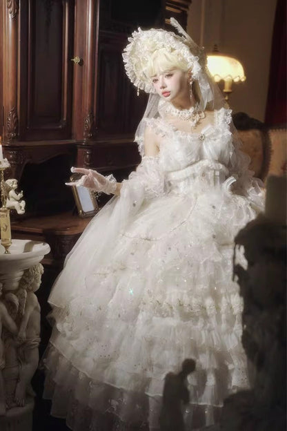 White Dreamy Waltz Sleeveless Layered Ruffle Chiffon Gothic JSK