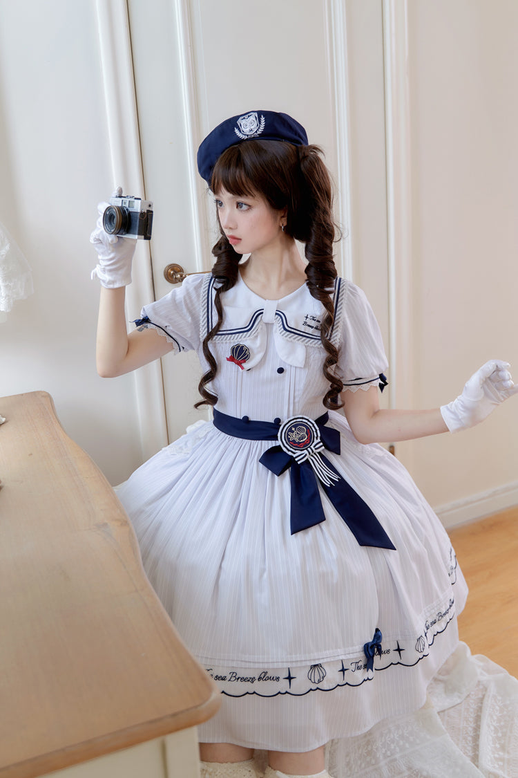 Ivory Navy Stripe Ruffled Embroidered Sweet Lolita Dress