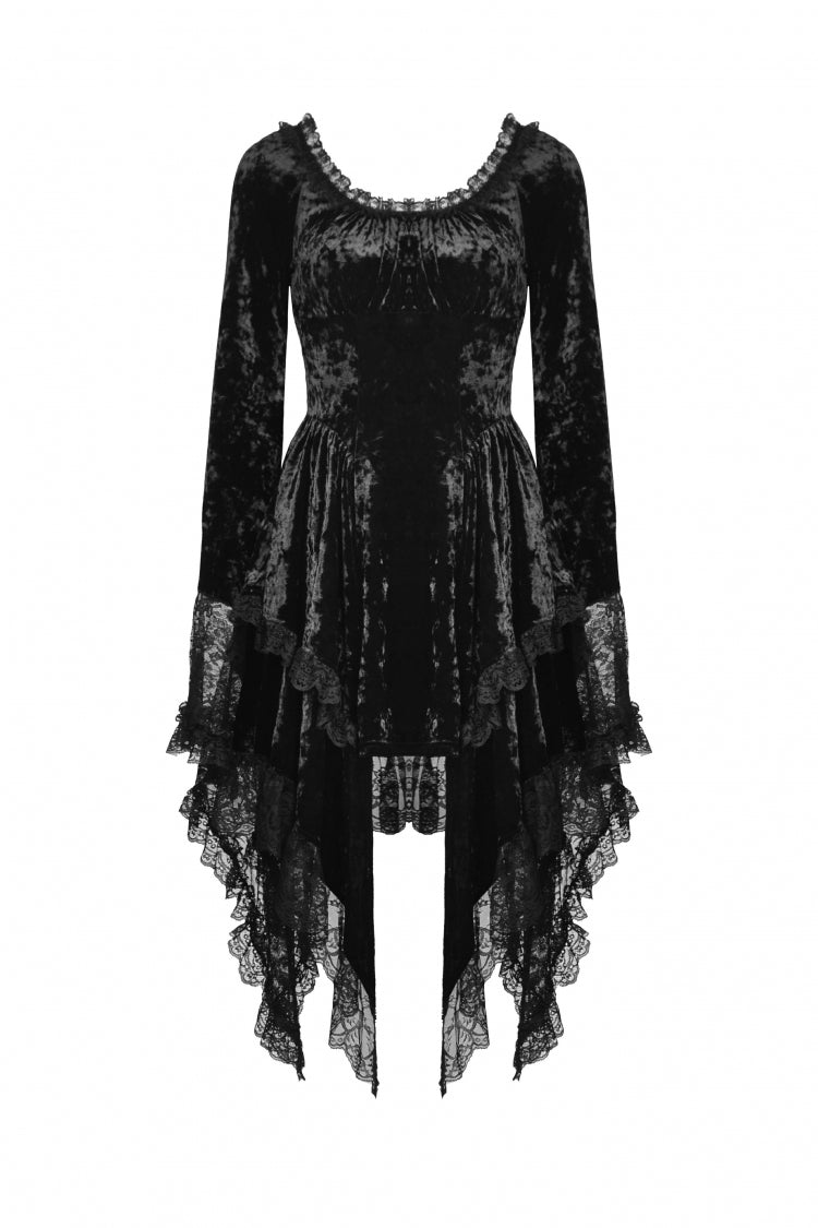 Long Trumpet Sleeve Lace Spliced Black Gothic Velvet Dress