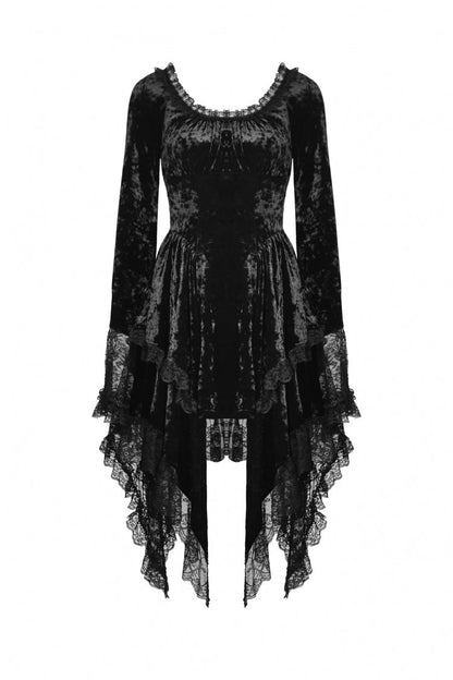 Long Trumpet Sleeve Lace Spliced Black Gothic Velvet Dress