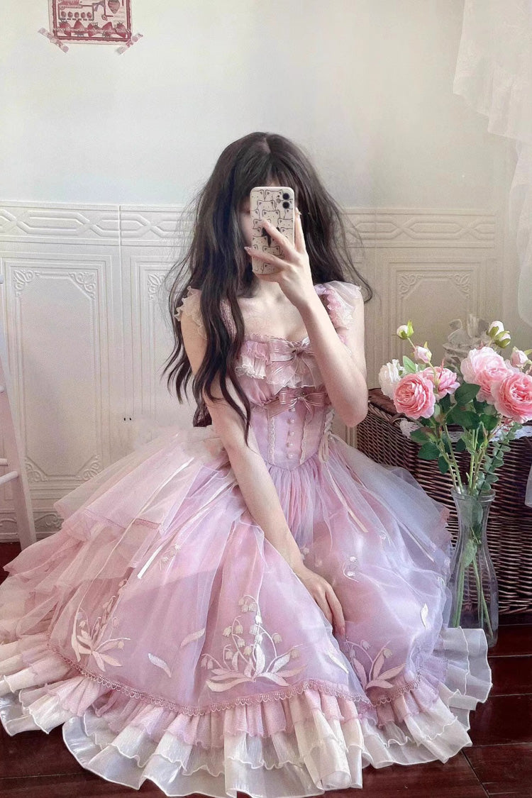 Rose Layered Ruffle Embroidered Bow Princess Lolita Jumper - Love Is Coming