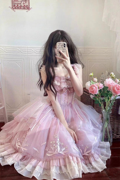 Rose Layered Ruffle Embroidered Bow Princess Lolita Jumper - Love Is Coming