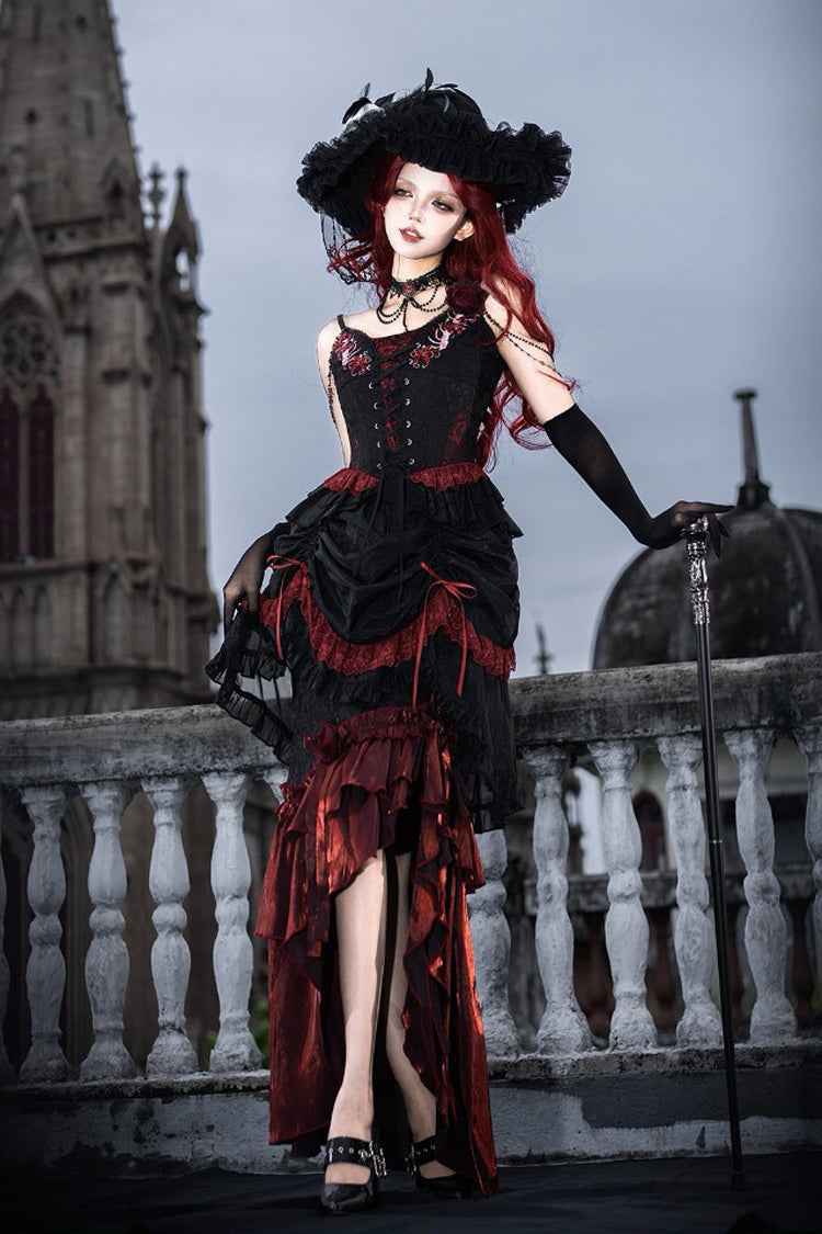 Rotten Bone Flower Lolita Skirt Set with Lace-Up Details - Noir