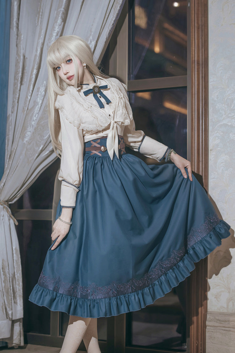 Blue Ruffle Embroidered Lace-Up Sweet College Elegant Lolita Skirt