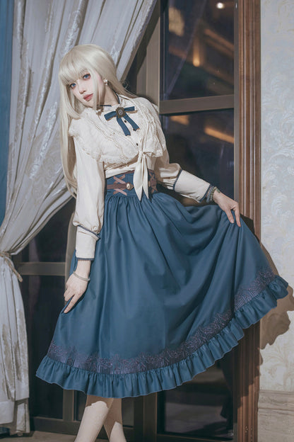 Blue Ruffle Embroidered Lace-Up Sweet College Elegant Lolita Skirt