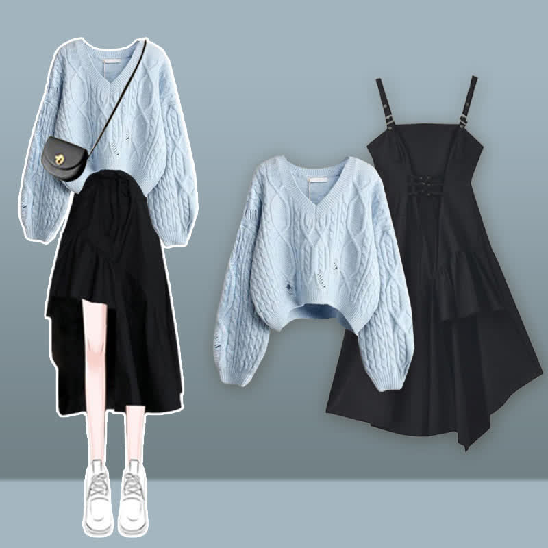 Cable Set Sweater Slip Irregular Up Knit Dress Lace