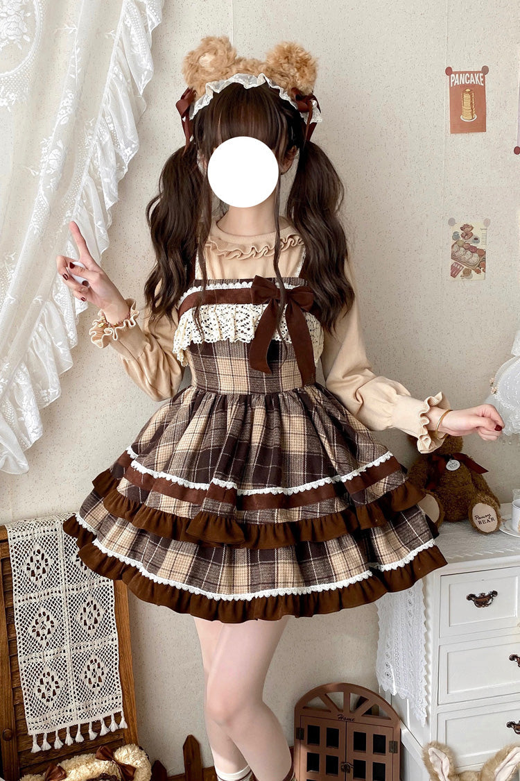 Brown Sleeveless Sweet Lolita Plaid Print Ruffle Bowknot JSK Dress