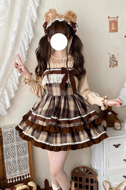 Brown Sleeveless Sweet Lolita Plaid Print Ruffle Bowknot JSK Dress