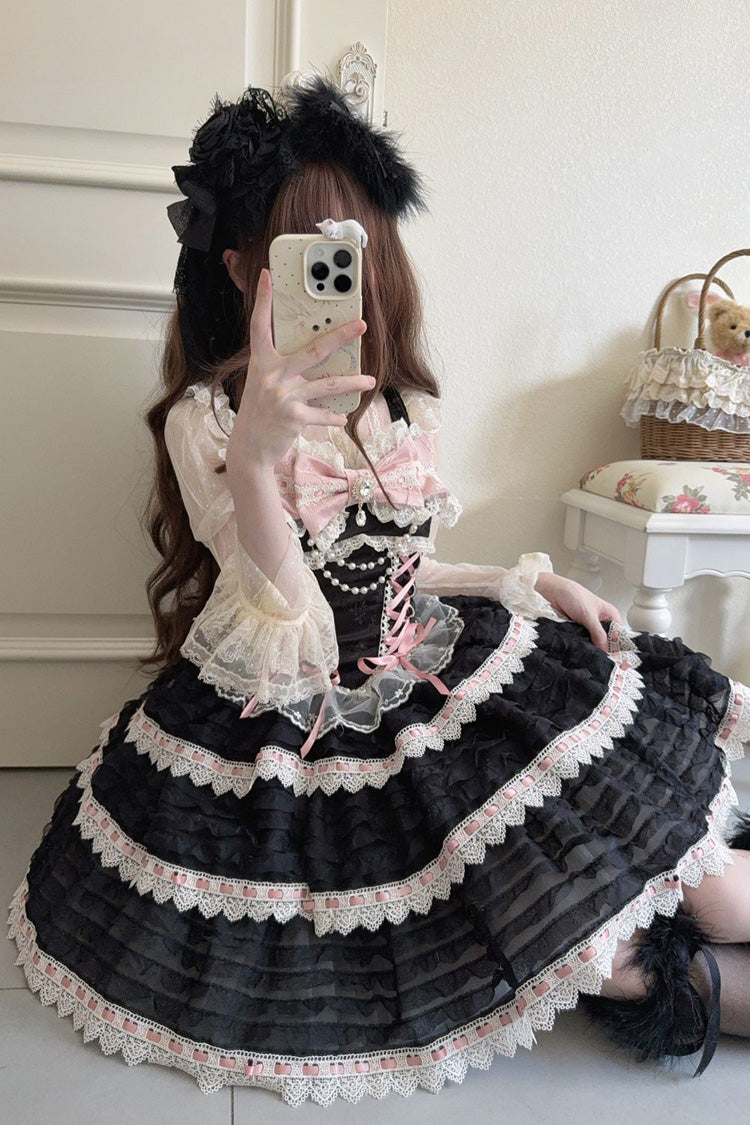 Black Floral Letters Song Sleeveless Triple-Layered Bow Lace-Up Sweet Lolita Jsk Dress