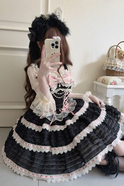Black Floral Letters Song Sleeveless Triple-Layered Bow Lace-Up Sweet Lolita Jsk Dress