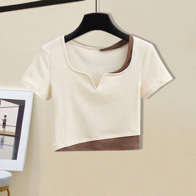 Colorblock Crop Top T-Shirt Casual Pants Set