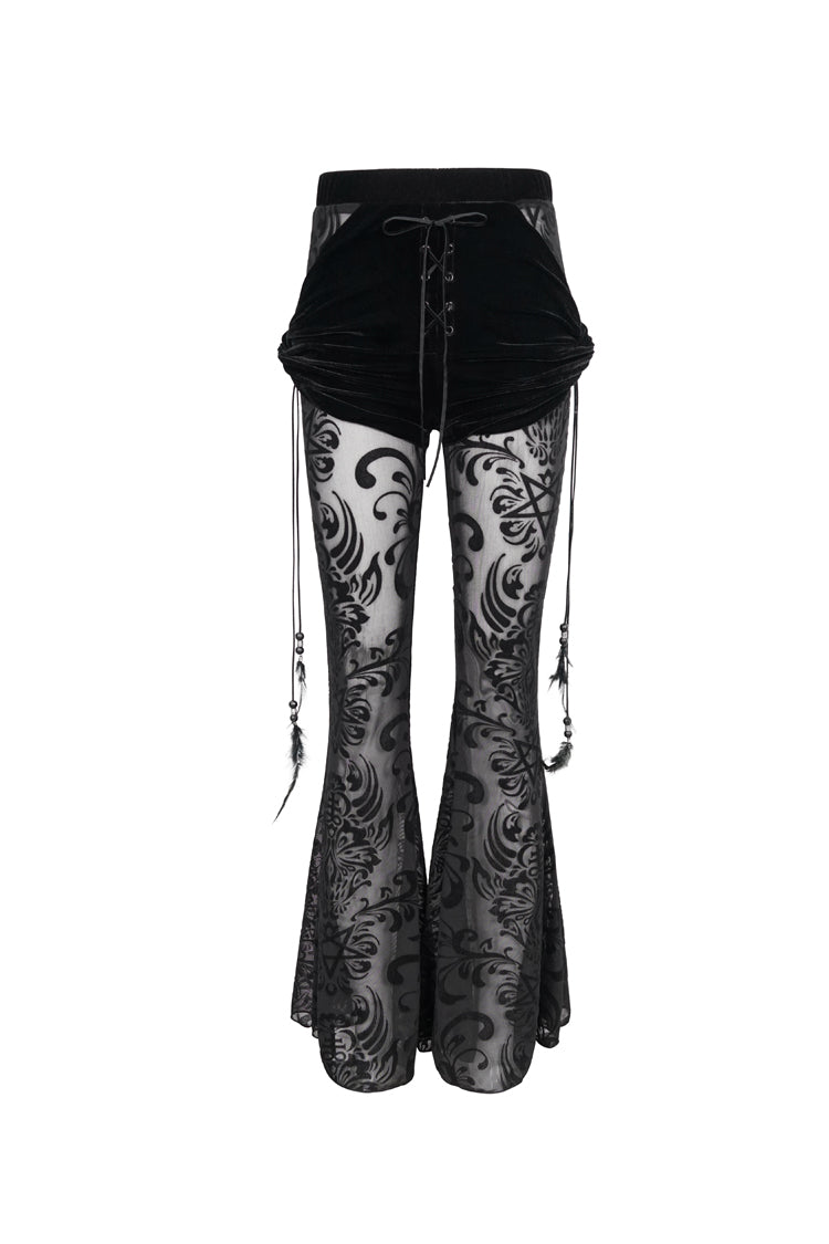 Gothic Women's Long Flared Trousers with Faux Two-Piece Feather Pendant and Mesh Side Panels