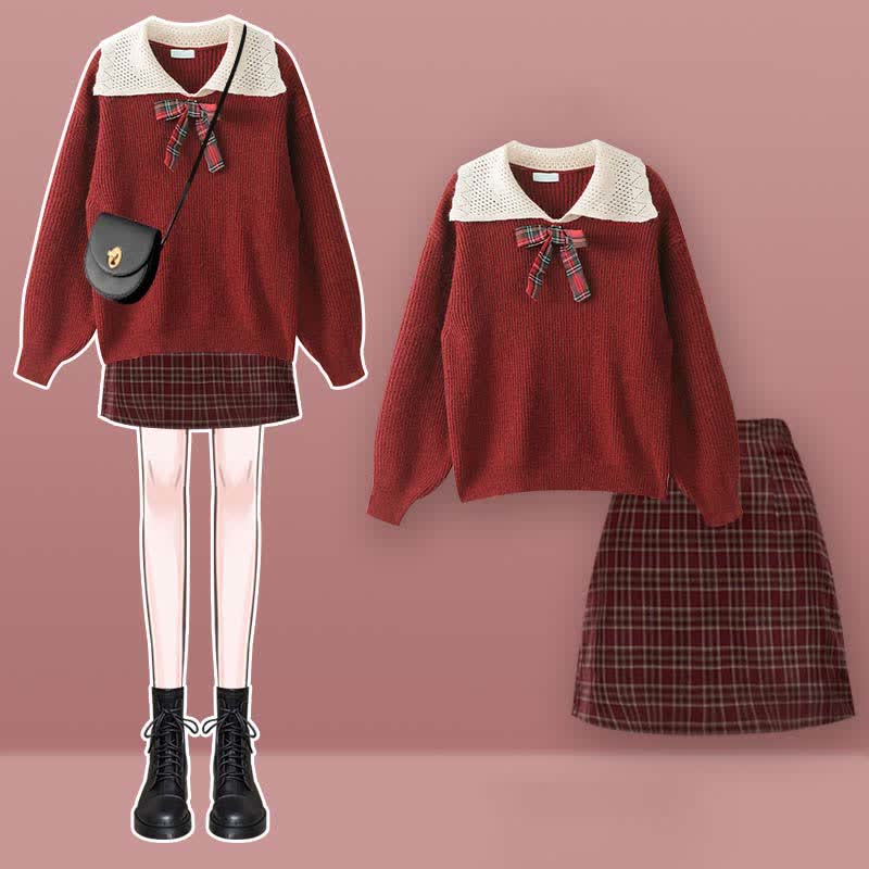 Bow Knot Decor Red Sweater Plaid Skirt Set