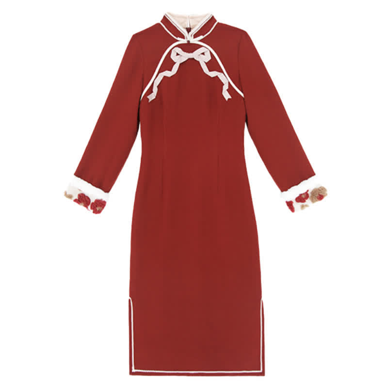 Rote Blumen Schnalle Weste Bowknot Cheongsam Kleid