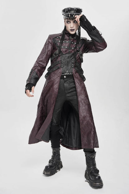 Crimson Mandarin Collar Zip Strap Eyelet Men's Punk Coat