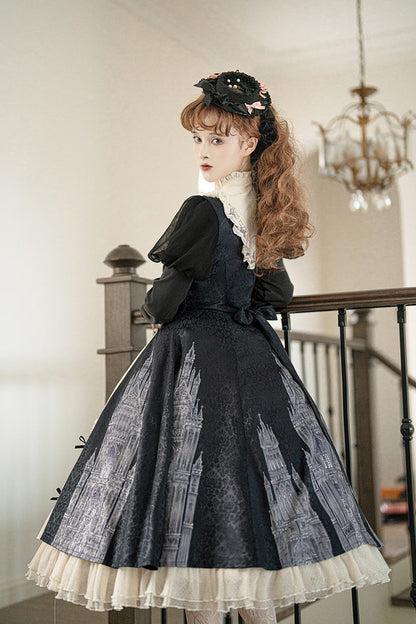 Black White Bell Print Ruffle Bow Lolita Dress