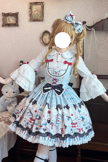 Sleeveless Ruffle Bow Lace JSK with Print
