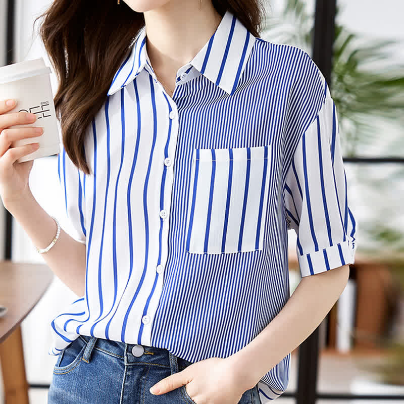 Stripe Print Short Sleeve Lapel Shirt