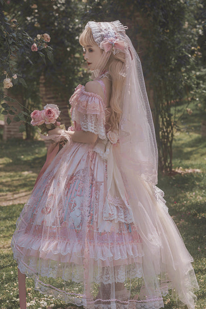Rose Moonlight Melody Off Shoulder Sleeveless Layered Bride Open Front Bow Lace Gorgeous JSK Set