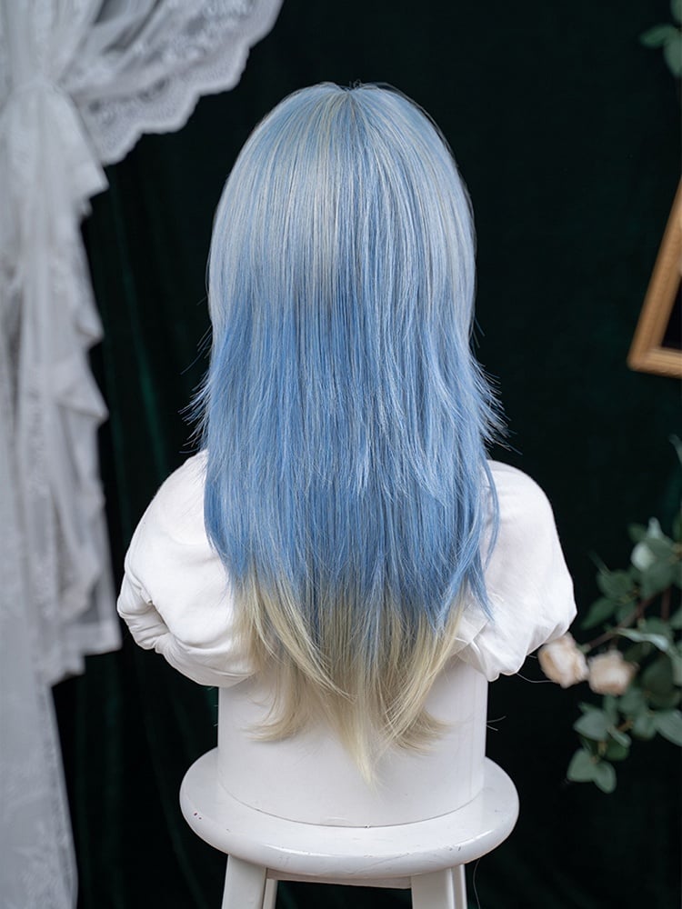 Blue Ombre Hair Color 65CM Length Hime Cut Straight Wig With Air Bangs