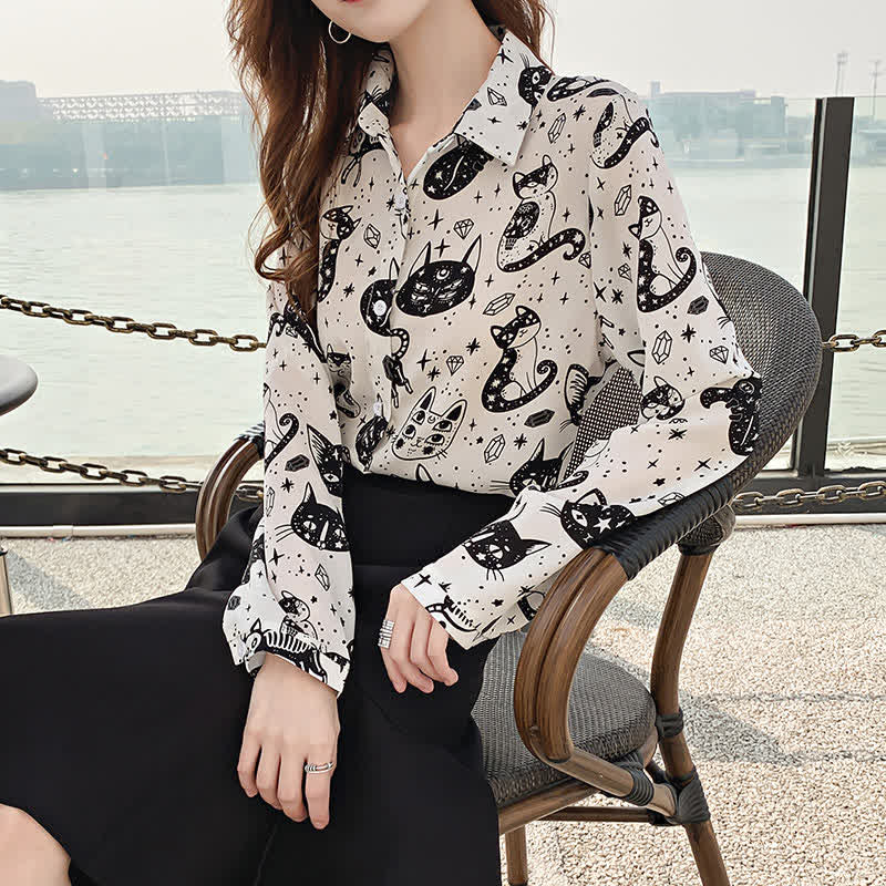 Black White Kitty Print Lapel Chiffon Shirt