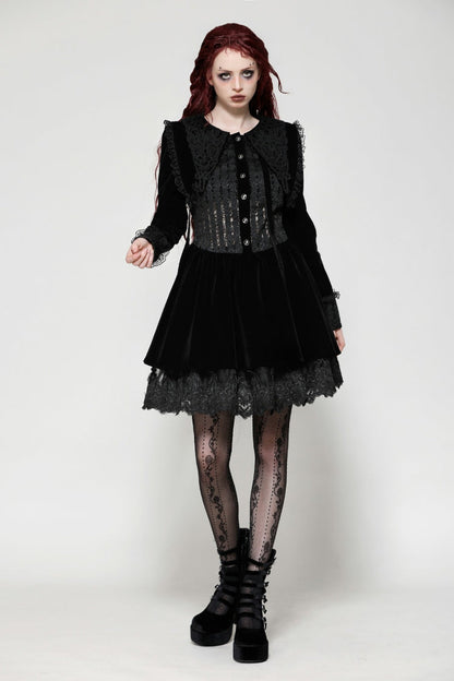 Obsidian Lace Velvet Mini Dress with Long Sleeves