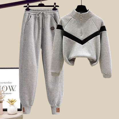 Sweatshirt Draw Zipper Pocketed String Pants Casual