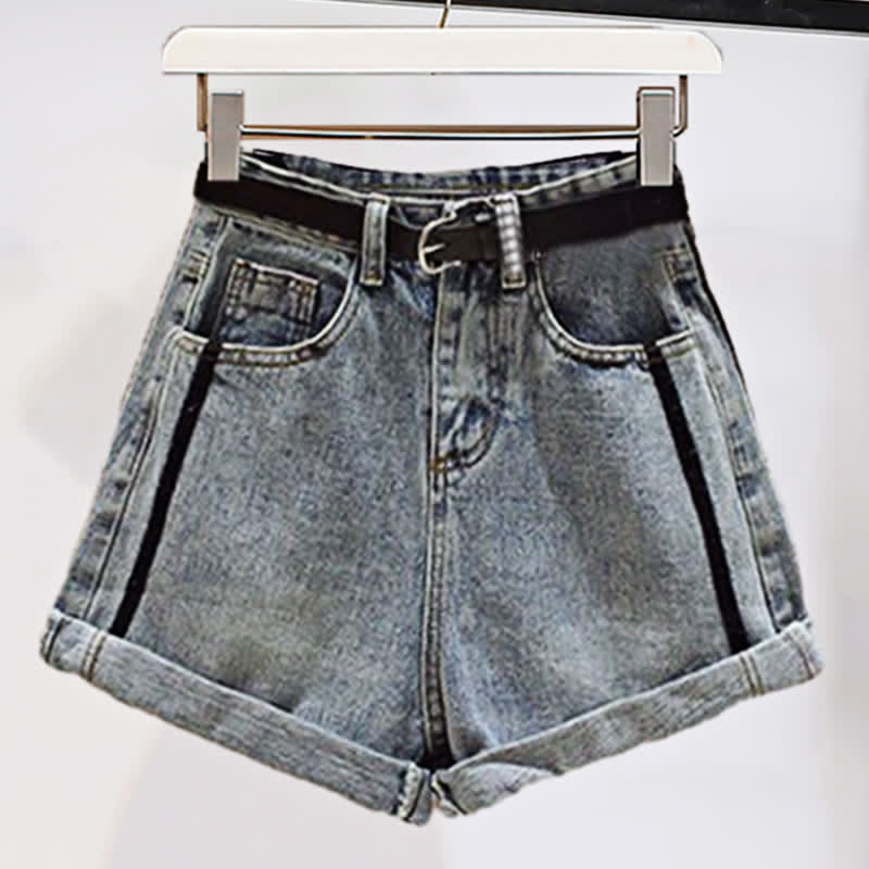 Vintage Print Casual Laple T-Shirt Pocketed Denim Shorts