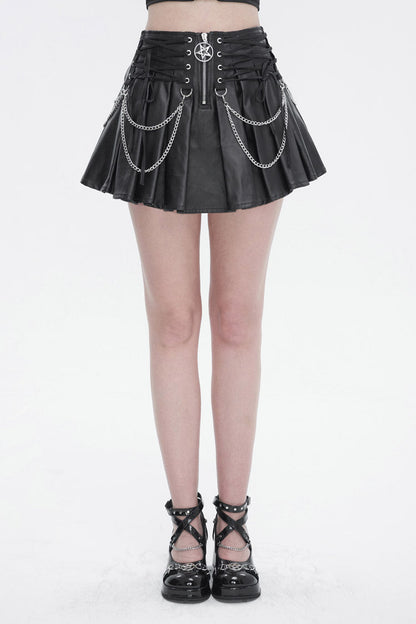 Gothic Women's Pleated Skirt with Faux Leather Web Eyelet Adjustable String and Chain