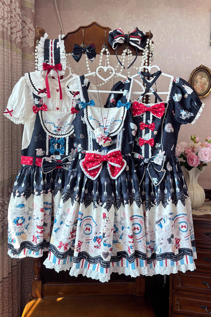 Square Collar Printed Bowknot Lace Sweet Dress