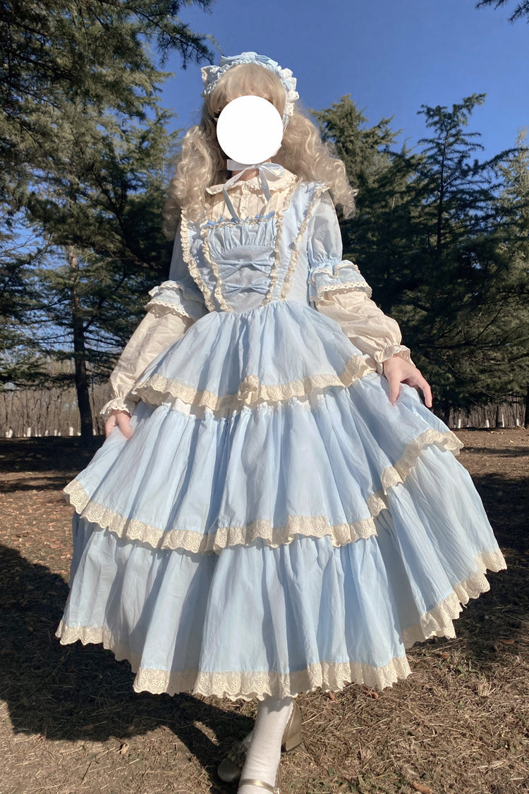 Blue Lapel-Collar Long-Sleeved High-Waisted Multi-Layer Bow-Trim Sweet Lolita Dress