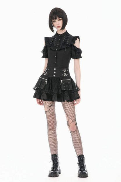 Gothic Blouse with Mandarin Collar and Puff Sleeves